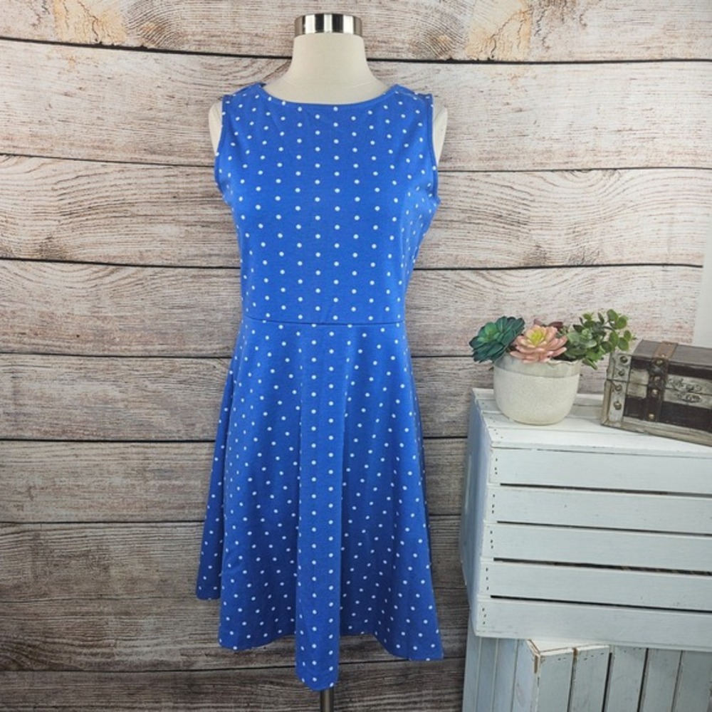 5/$25 Talbots Petites MP Blue White Polka Dot Sleeveless‎ Fit & Flare Dress